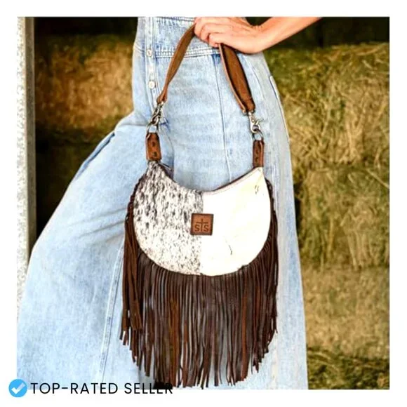 Genuine Leather Hobo Handbag Western Fringe Top Handle Removable Strap Chic